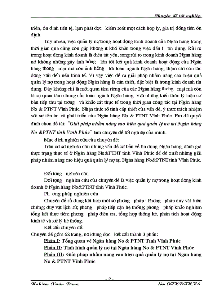 Giải pháp nhằm nâng cao hiệu quả quản lý nợ tại ngân hàng no & ptnt tỉnh vĩnh phúc