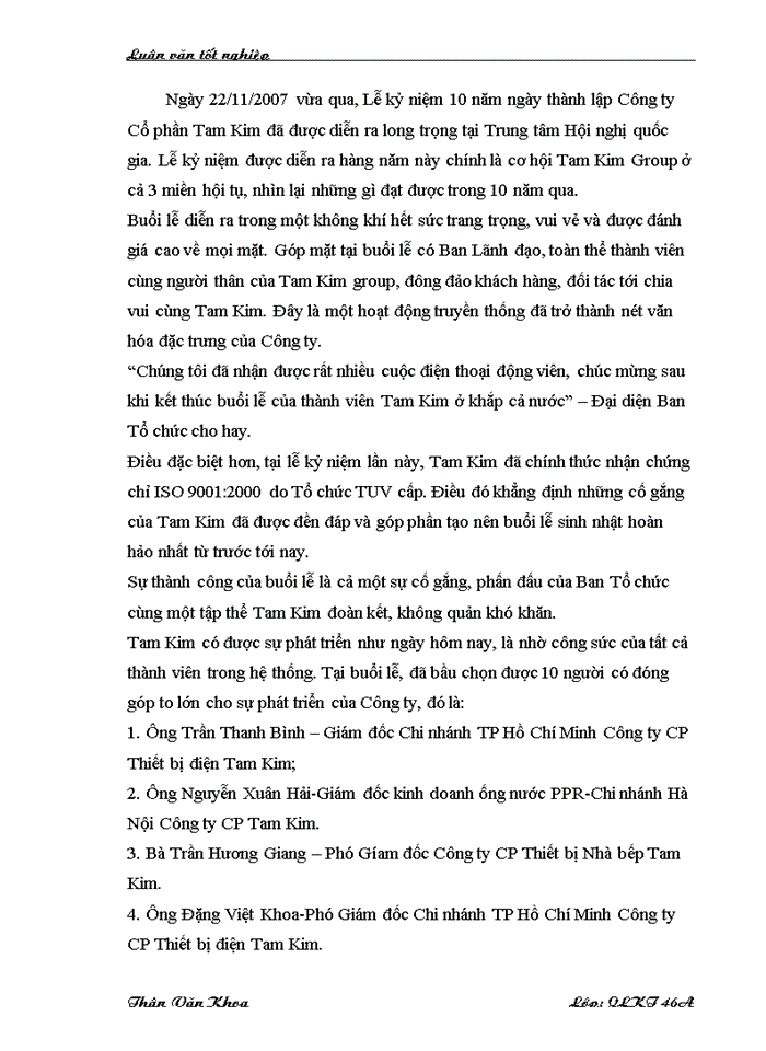image for page Một số giải pháp nhằm xây dựng văn hóa Doanh nghiệp ở Công ty Cổ phần Tam Kim