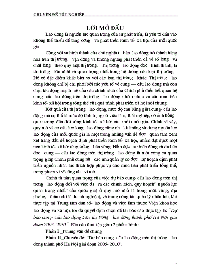 Dự báo cung- cầu lao động trên thị trường lao động thành phố Hà Nội giai đoạn 2005- 2010