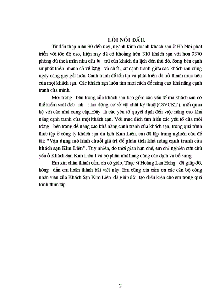 image for page Vận dụng mô hình chuỗi giá trị để phân tích khả năng cạnh tranh của công ty khách sạn du lịch Kim Liên