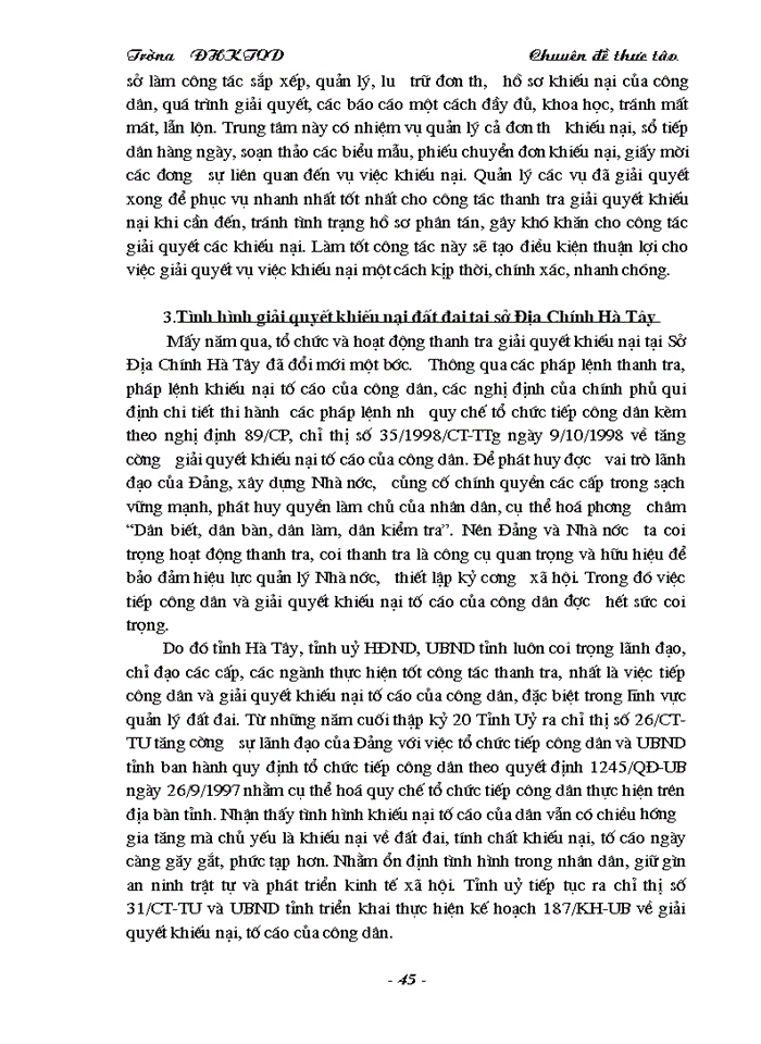 image for page Thực trạng công tác thanh tra giải quyết khiếu nại trong quản lý đất đai tại sở Địa Chính Hà Tây