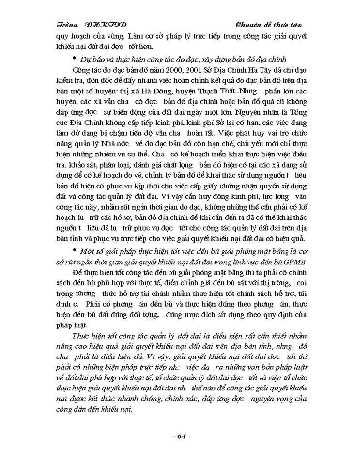 image for page Thực trạng công tác thanh tra giải quyết khiếu nại trong quản lý đất đai tại sở Địa Chính Hà Tây