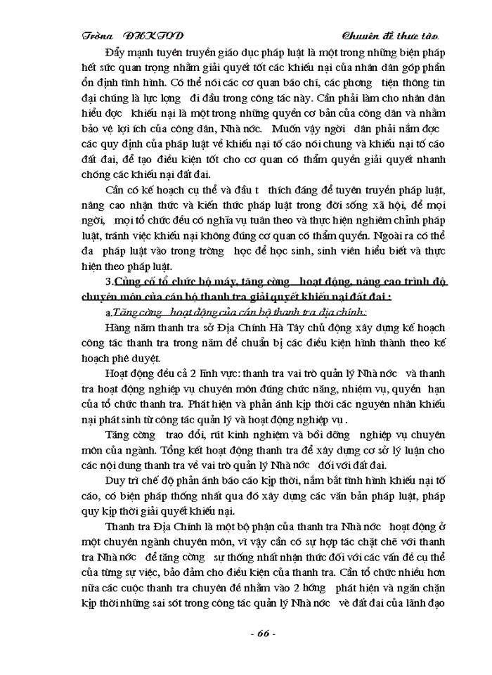 image for page Thực trạng công tác thanh tra giải quyết khiếu nại trong quản lý đất đai tại sở Địa Chính Hà Tây