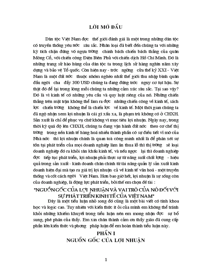 Nguồn gốc của lợi  nhuận và vai trò của nó đối với sự phát triển kinh tế của VIỆT NAM