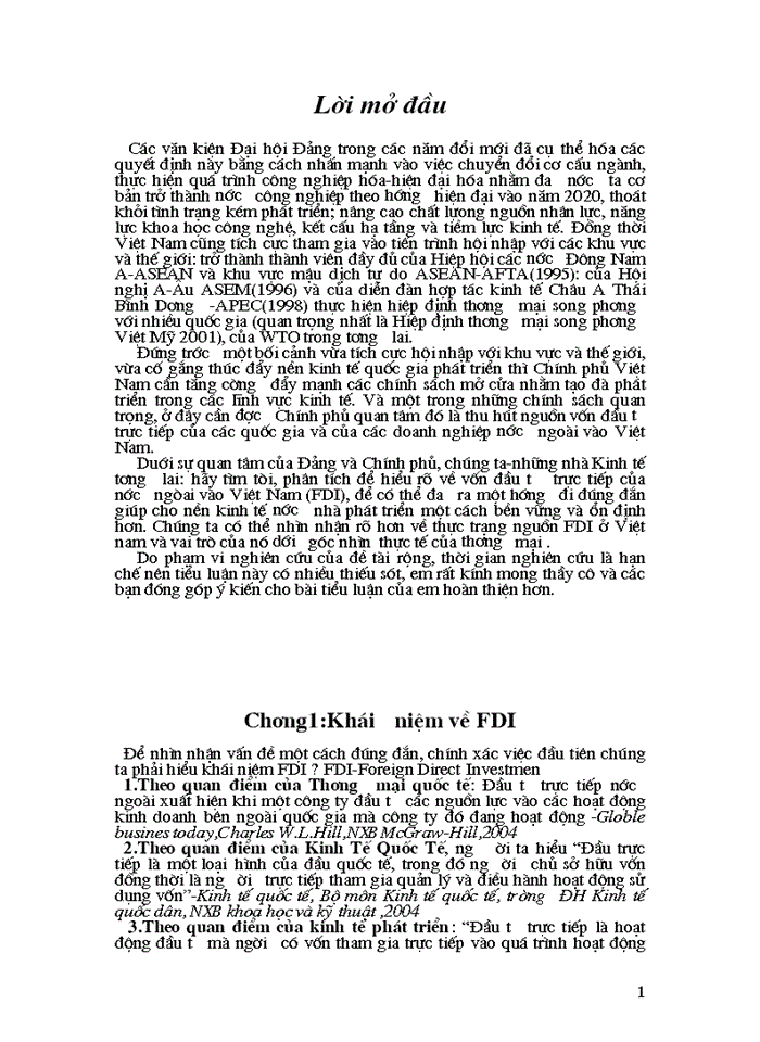 Thực trạng nguồn FDI ở Việt nam và vai trò của nó dưới góc nhìn  thực tế của thương mại