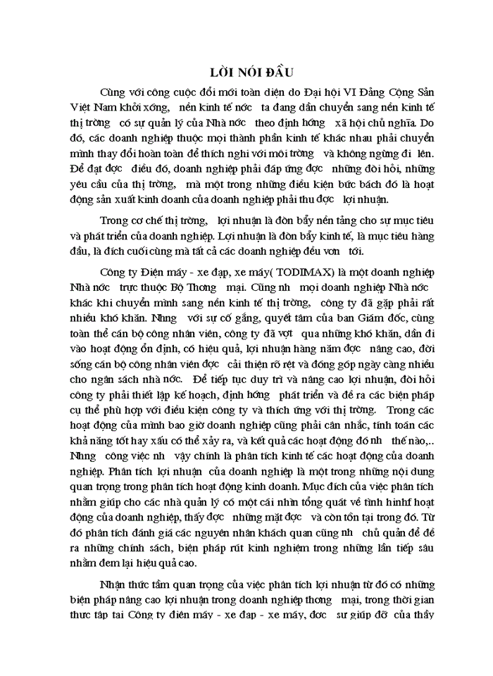 Phân tích tình hình lợi nhuận và các giải pháp nâng cao lợi nhuận tại Công ty điện máy - xe đạp - xe máy Bộ Thương Mại