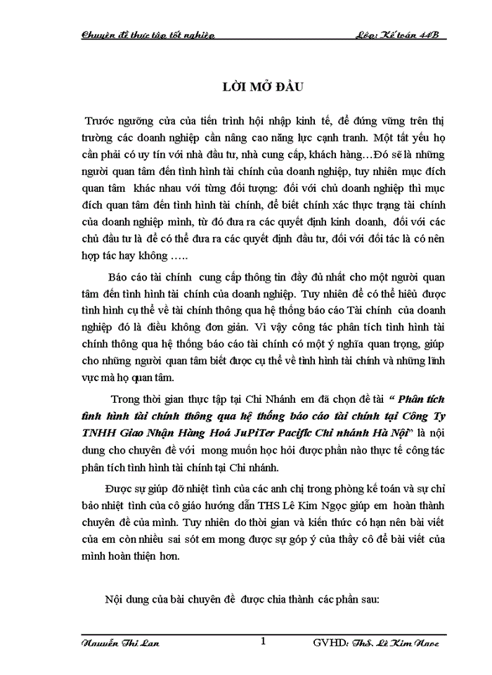 Phân tích tình hình tài chính thông qua hệ thống báo cáo tài chính tại Công Ty TNHH Giao Nhận Hàng Hoá JuPiTer Pacific Chi nhánh Hà Nội