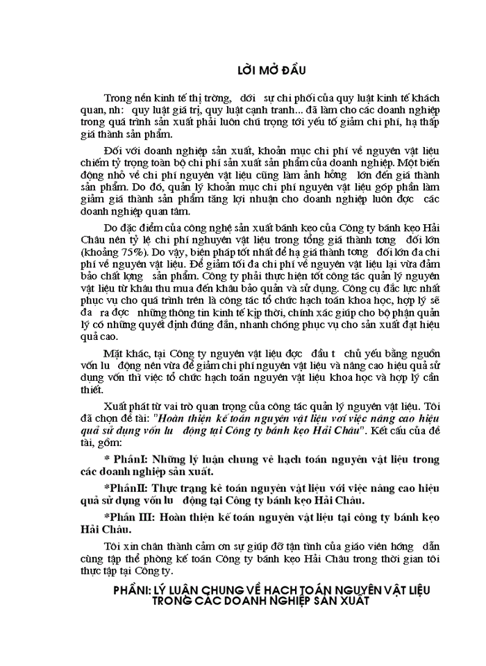 Hoàn thiện kế toán nguyên vật liệu vơí việc nâng cao hiệu quả sử dụng vốn lưu động tại Công ty bánh kẹo Hải Châu