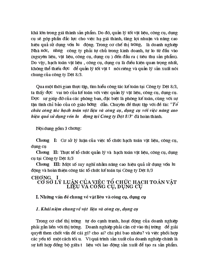 image for page Tổ chức công tác hạch toán vật liệu và công cụ, dụng cụ với việc nâng cao hiệu quả sử dụng vốn lưu động tại Công ty Dệt 8/3