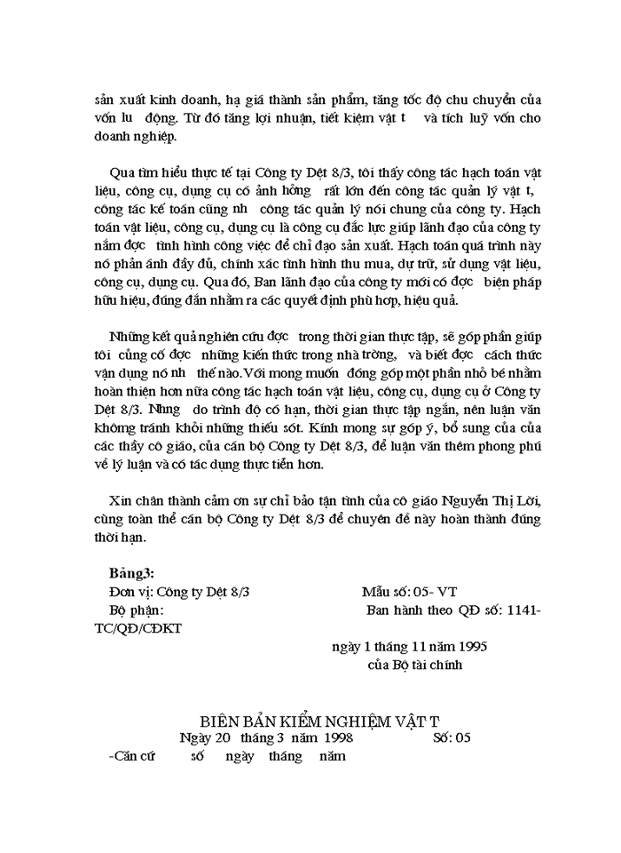 image for page Tổ chức công tác hạch toán vật liệu và công cụ, dụng cụ với việc nâng cao hiệu quả sử dụng vốn lưu động tại Công ty Dệt 8/3