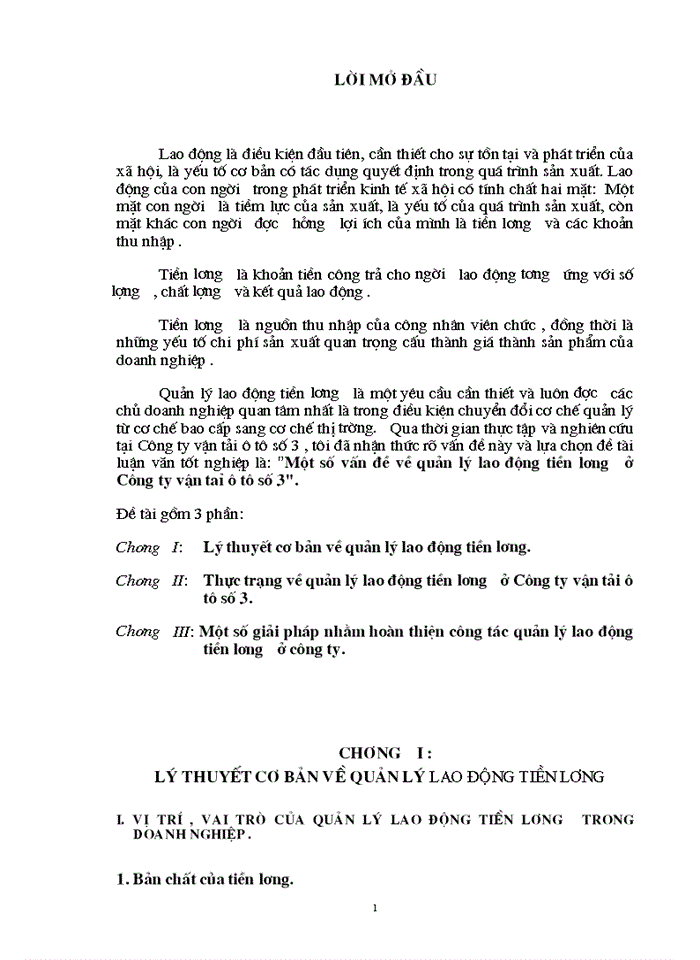 Một số vấn đề về quản lý lao động tiền lương ở Công ty vận taỉ ô tô số 3