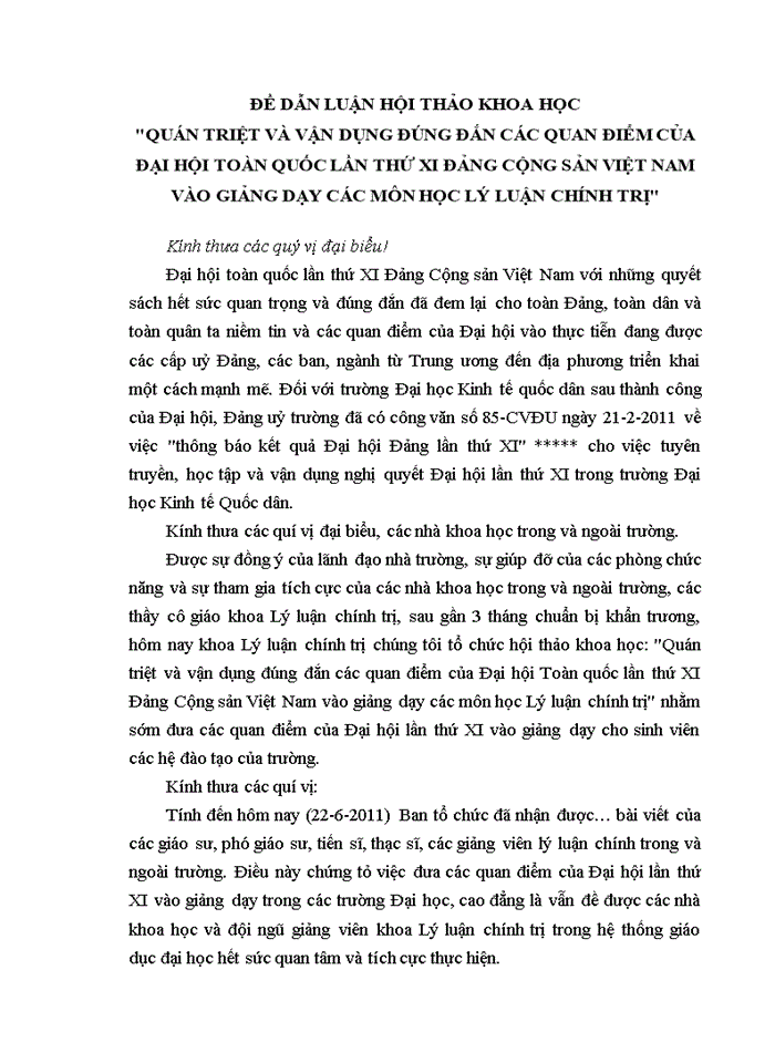 Quán triệt và vận dụng đúng đắn các quan điểm của đại hội toàn quốc lần thứ xi đảng cộng sản việt nam vào giảng dạy các môn học lí luận chính trị