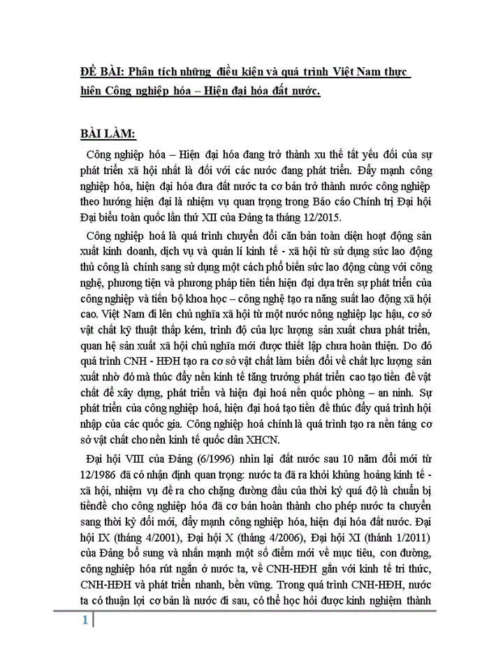 Phân tích những điều kiện và quá trình Việt Nam thực hiên Công nghiệp hóa – Hiện đại hóa đất nước
