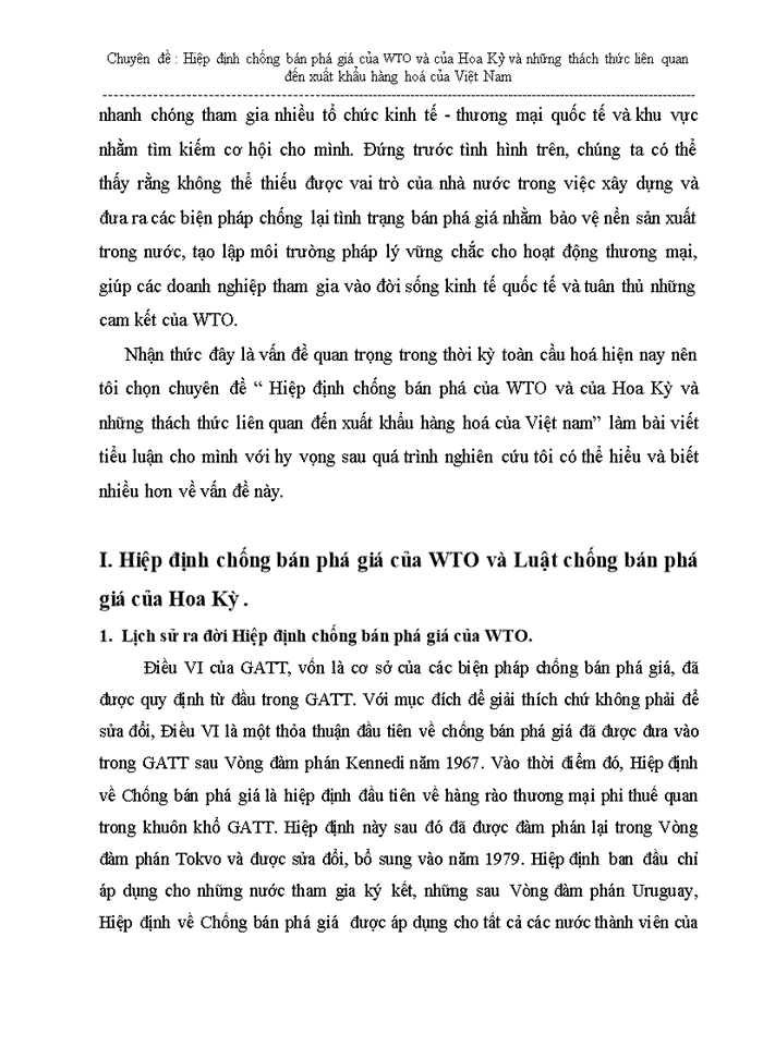 Hiệp định chống bán phá giá của WTO và của Hoa Kỳ và những thách thức liên quan đến xuất khẩu hàng hoá của Việt Nam