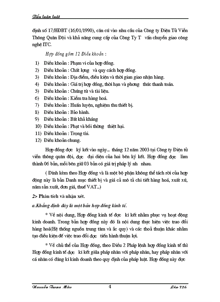 Phân tích Hợp đồng mua bán hàng hoá giữa Công ty Viễn Thông Quân Đội (Vietel) và Công ty Cổ Phần Tư Vấn Chuyển Giao Công Nghệ ITC