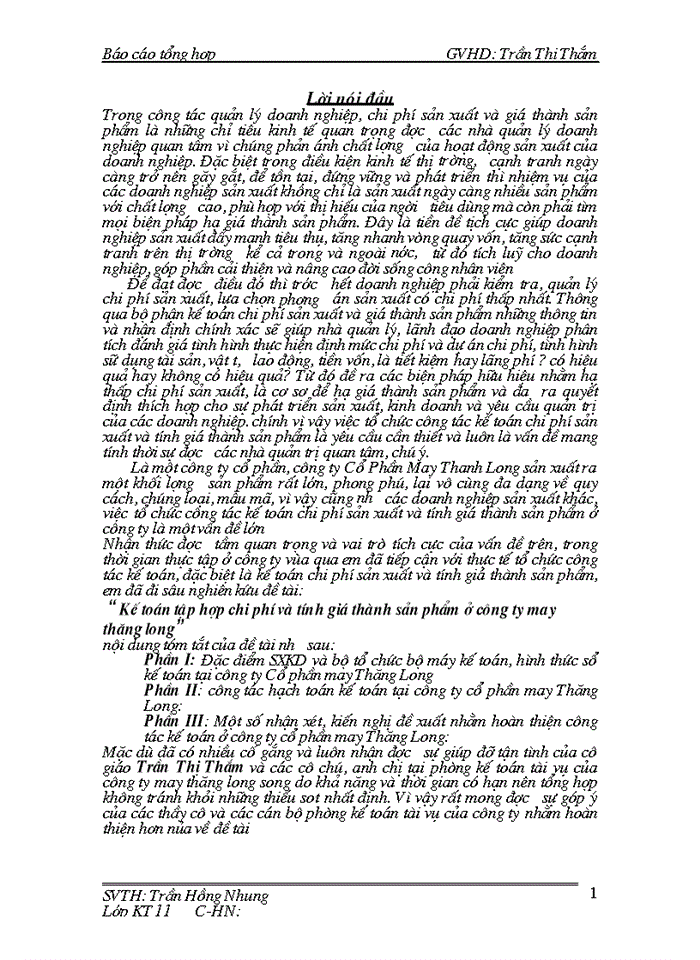 Kế toán tập hợp chi phí và tính giá thành sản phẩm ở công ty may thăng long