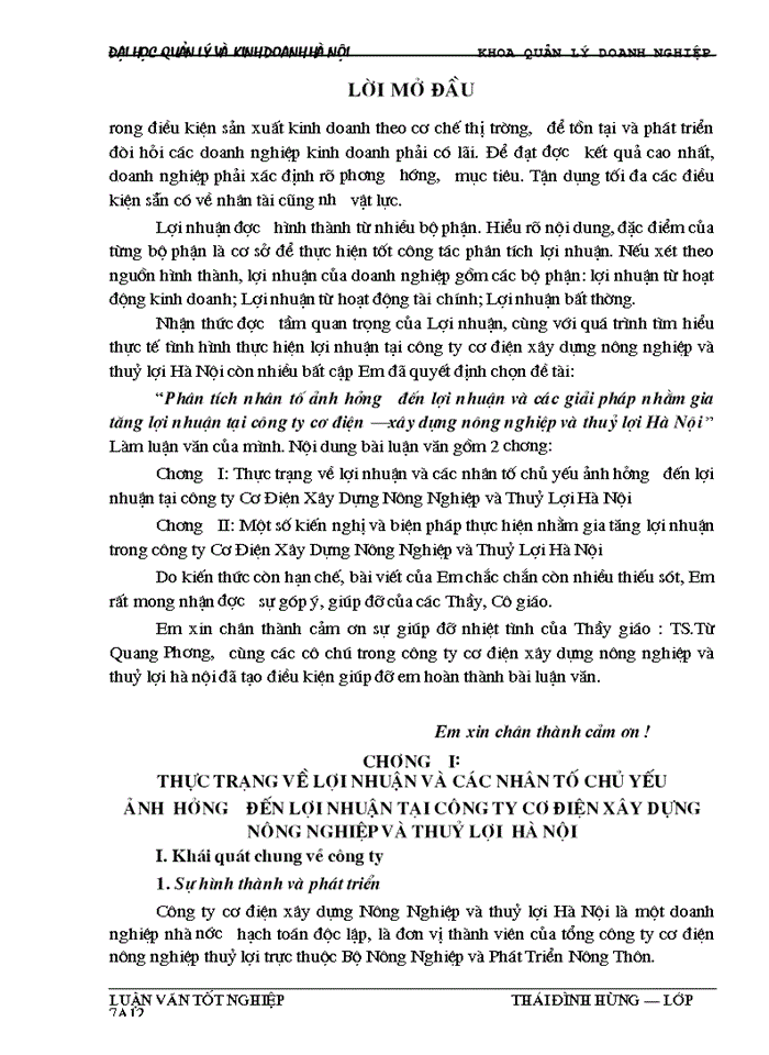 Phân tích nhân tố ảnh hưởng đến lợi nhuận và các giải pháp nhằm gia tăng lợi nhuận tại công ty cơ điện – xây dựng nông nghiệp và thuỷ lợi Hà Nội