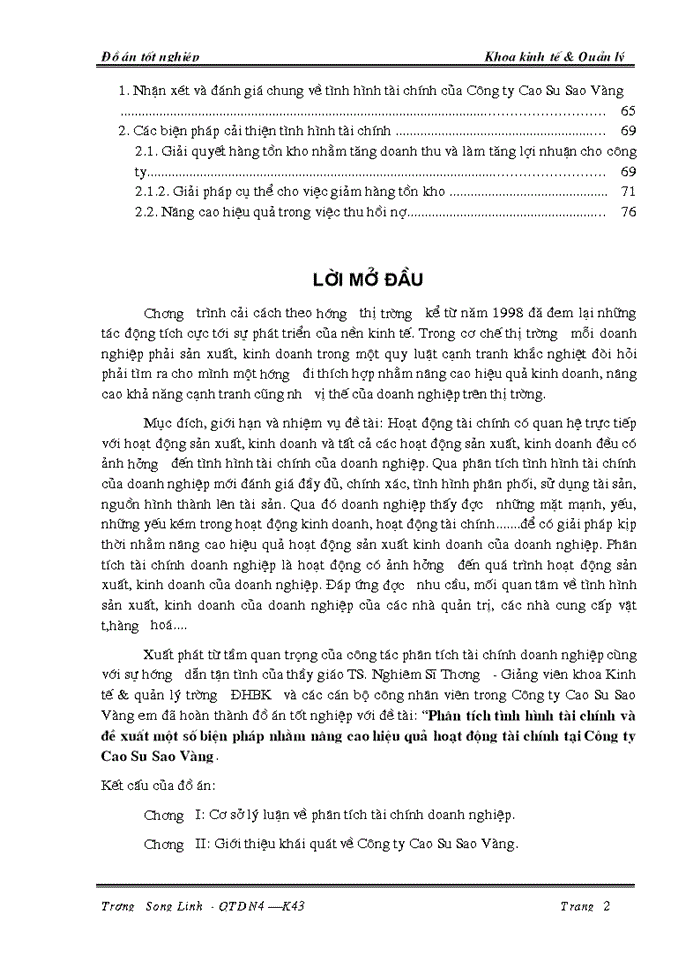 Phân tích tình hình tài chính và đề xuất một số biện pháp nhằm nâng cao hiệu quả hoạt động tài chính tại Công ty Cao Su Sao Vàng