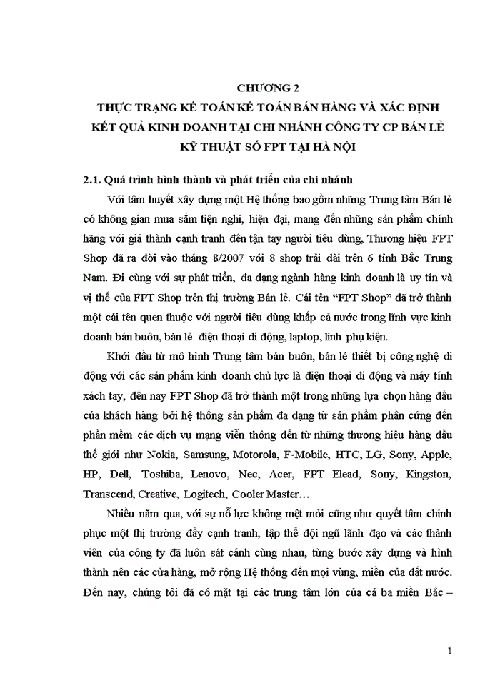 THỰC TRẠNG KẾ TOÁN KẾ TOÁN BÁN HÀNG VÀ XÁC ĐỊNH KẾT QUẢ KINH DOANH TẠI CHI NHÁNH CÔNG TY CP BÁN LẺ KỸ THUẬT SỐ FPT TẠI HÀ NỘI