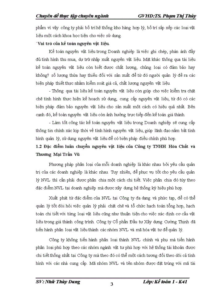 Hoàn thiện công tác kế toán nguyên vật liệu tại Công ty TNHH Hóa Chất và Thương Mại Trần Vũ