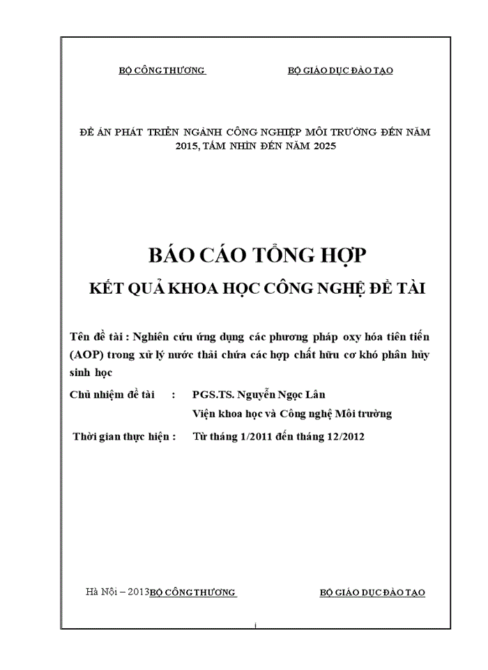 image for page Nghiên cứu ứng dụng các phương pháp oxy hóa tiên tiến (AOP) trong xử lý nước thải chứa các hợp chất hữu cơ khó phân hủy sinh học