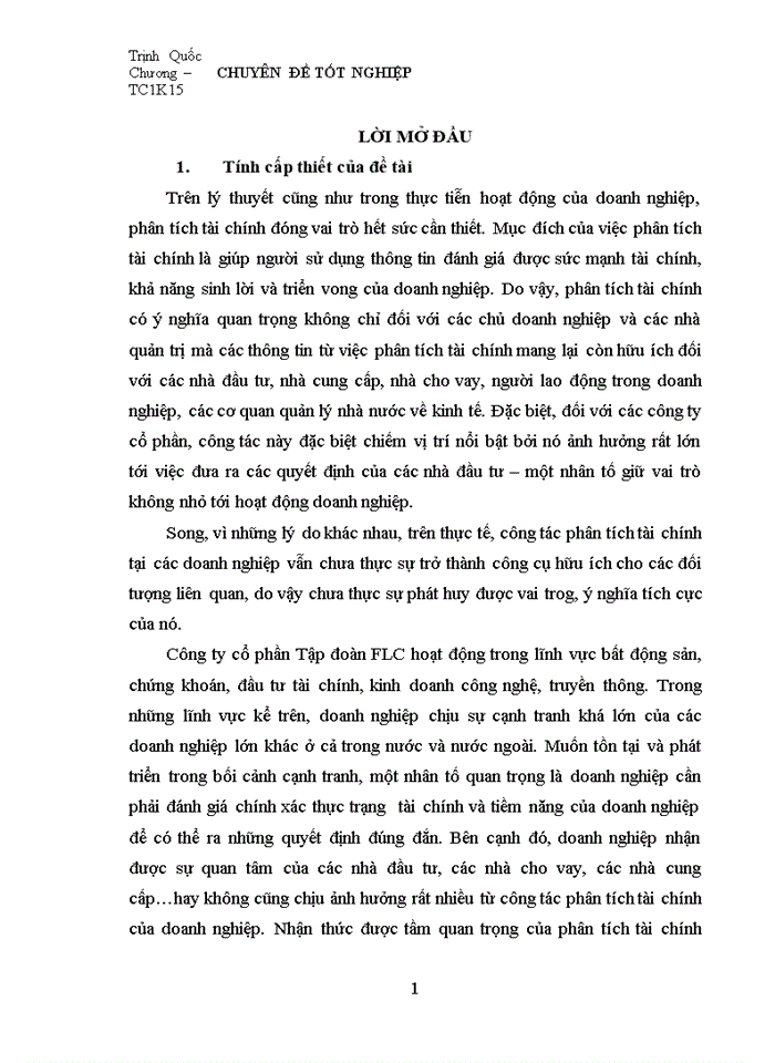 Giải pháp hoàn thiện công tác phân tích tài chính tại công ty cổ phần tập ĐOÀN FLC