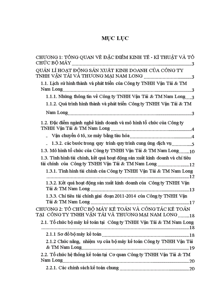 TỔ CHỨC BỘ MÁY KẾ TOÁN VÀ CÔNG TÁC KẾ TOÁN TẠI  CÔNG TY TNHH VẬN TẢI VÀ THƯƠNG MẠI NAM LONG