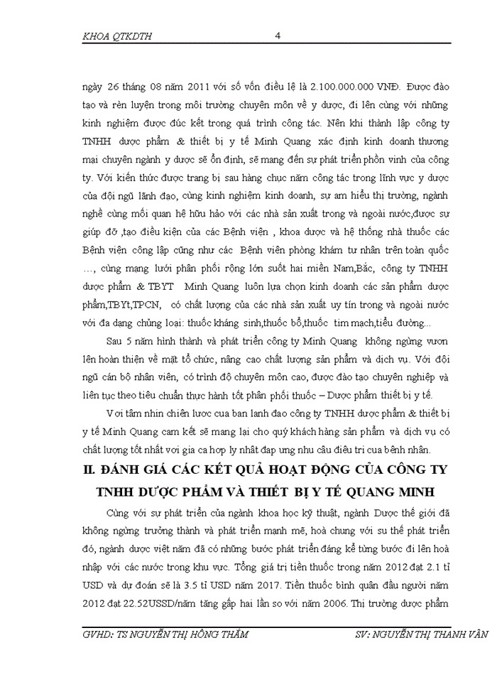 Đánh giá các kết quả hoạt động của công ty TNHH dược phẩm và thiết bị Y TẾ QUANG MINH