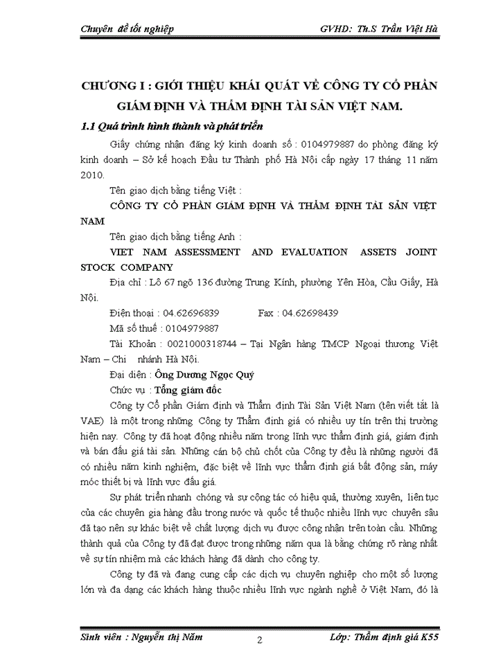 THỰC TRẠNG HOẠT ĐỘNG THẨM ĐỊNH GIÁ BẤT ĐỘNG SẢN THẾ CHẤP TẠI CÔNG TY CỔ PHẦN GIÁM ĐỊNH VÀ THẨM ĐỊNH TÀI SẢN VIỆT NAM ( VAE)