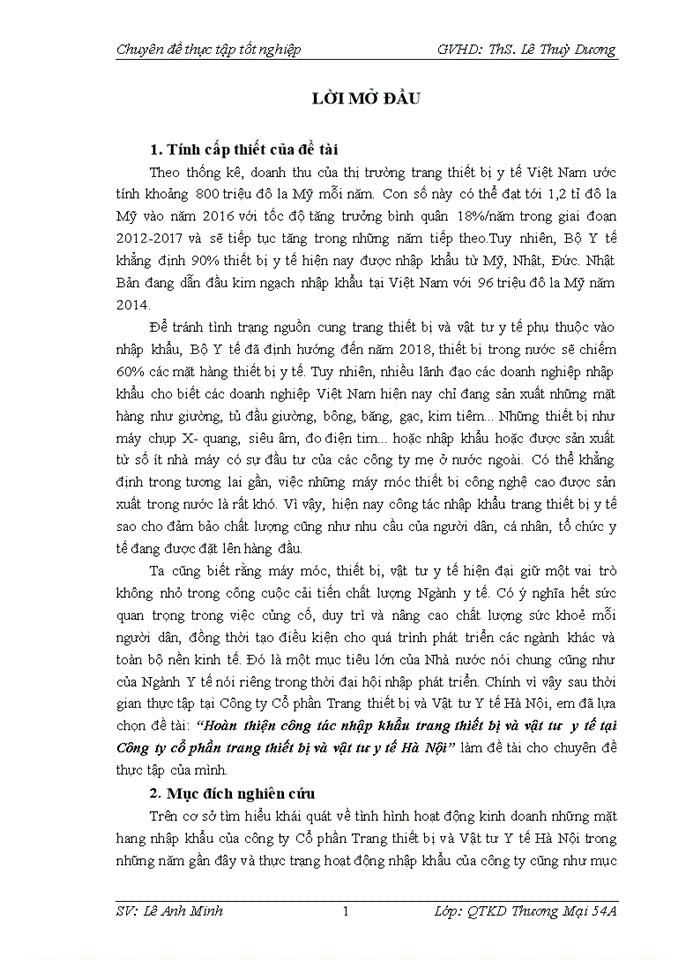 THỰC TRẠNG CÔNG TÁC NHẬP KHẨU TRANG THIẾT BỊ VÀ VẬT TƯ Y TẾ TẠI CÔNG TY CỔ PHẦN  TRANG THIẾT BỊ VÀ VẬT TƯ Y TẾ HÀ NỘI