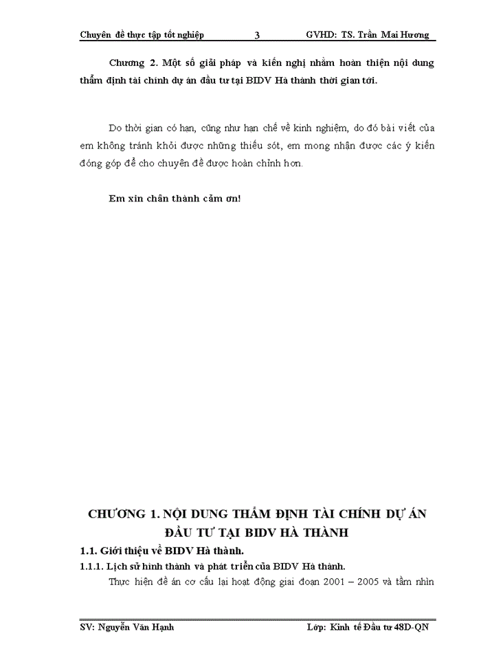 Hoàn thiện nội dung thẩm định tài chính dự án đầu tư tại ngân hàng đầu tư và phát triển Việt Nam – Chi nhánh Hà thành