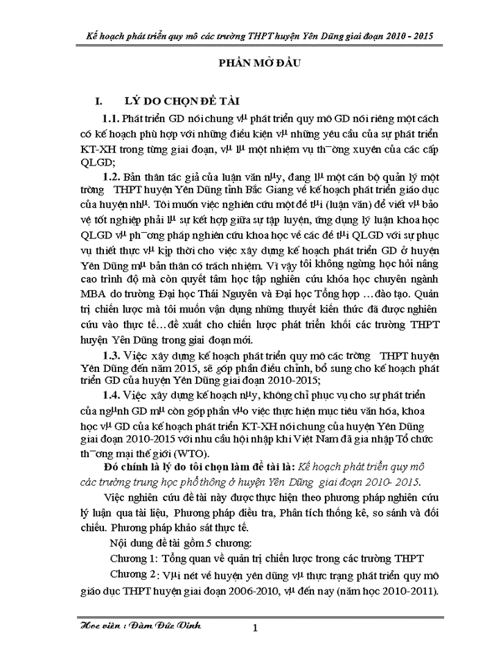 Kế hoạch phát triển quy mô các trường trung học phổ thông ở huyện Yên Dũng  giai đoạn 2010- 2015