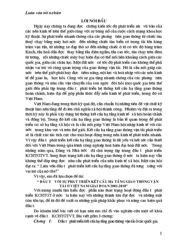 Đầu tư với sự phát triển kết cấu hạ tầng giao thông vận tải ở việt nam giai đoạn 2001-2010