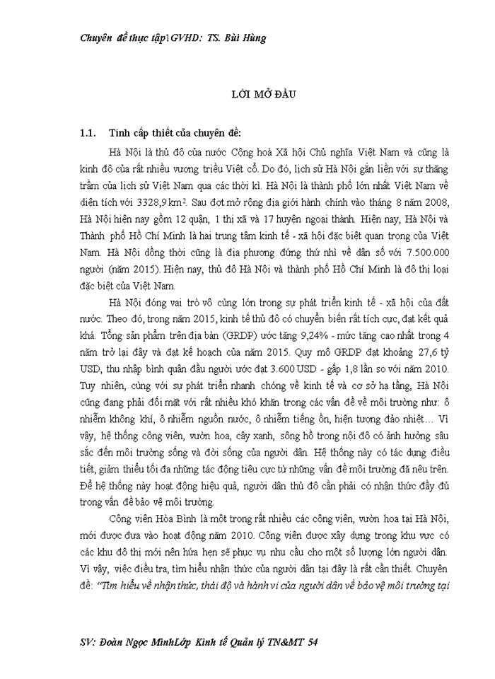 image for page Tìm hiểu về nhận thức, thái độ và hành vi của người dân về bảo vệ môi trường tại công viên Hòa Bình