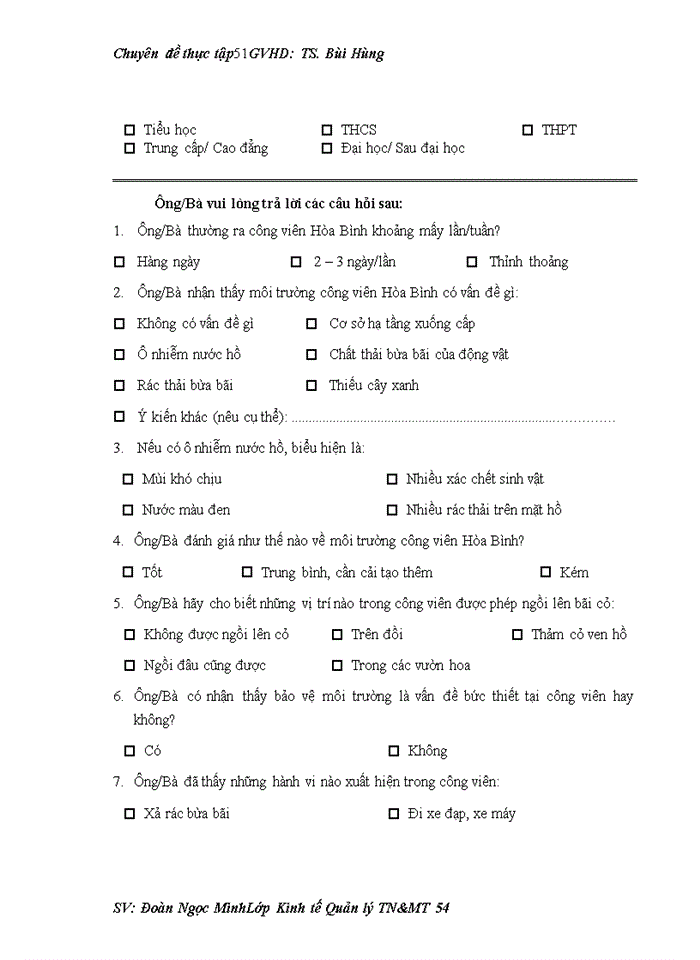 image for page Tìm hiểu về nhận thức, thái độ và hành vi của người dân về bảo vệ môi trường tại công viên Hòa Bình