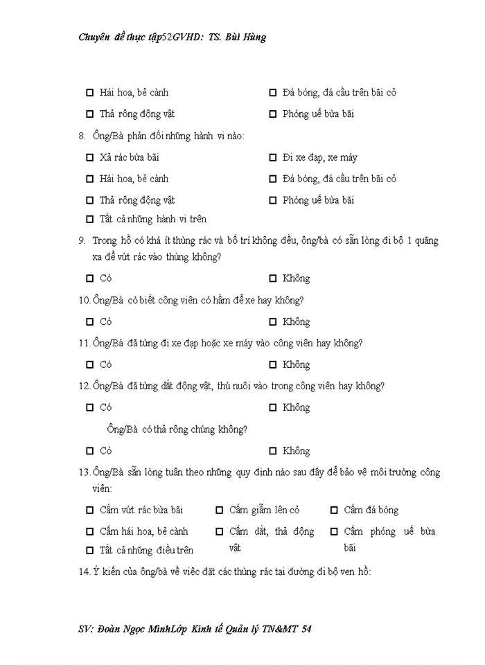 image for page Tìm hiểu về nhận thức, thái độ và hành vi của người dân về bảo vệ môi trường tại công viên Hòa Bình