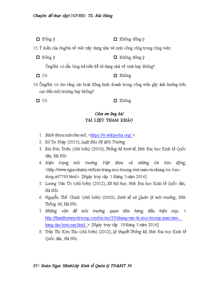 image for page Tìm hiểu về nhận thức, thái độ và hành vi của người dân về bảo vệ môi trường tại công viên Hòa Bình