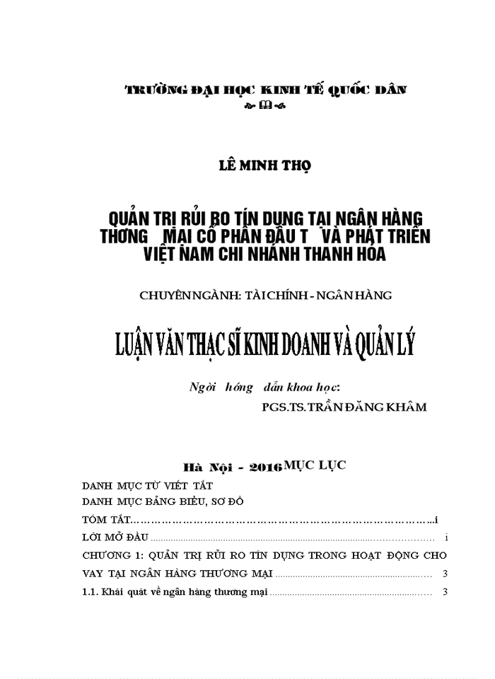 Quản trị rủi ro tín dụng tại ngân hàng thương mại cổ phần đầu tư và phát triển VIỆT NAM chi nhánh THANH HÓA