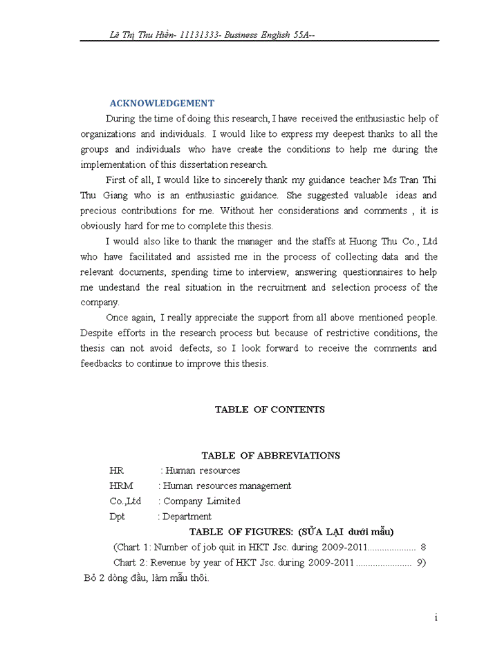 Improvement in recruitment and selection process in Huong Thu trading and service company Limited