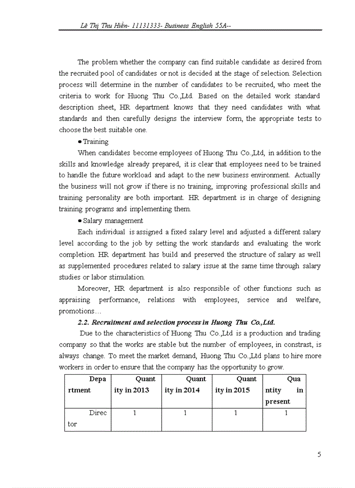 image for page Improvement in recruitment and selection process in Huong Thu trading and service company Limited