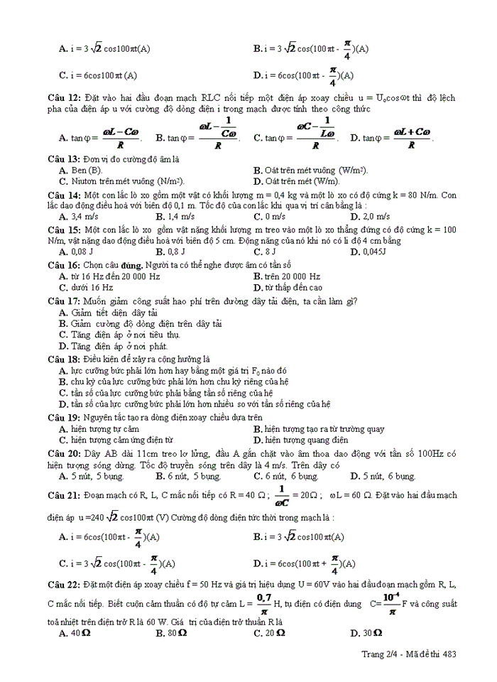 Đề thi trắc nghiệm môn vật lý 12 học kì 1 mã đề thi 483