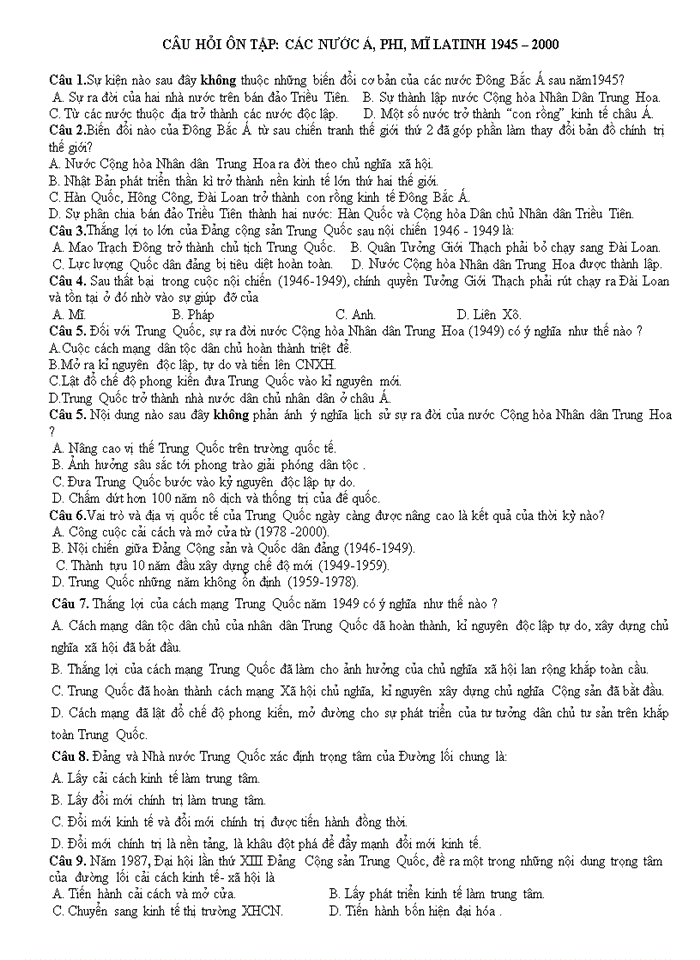 image for page Câu hỏi ôn tập Lịch Sử: các nước Á, Phi, Mĩ Latinh 1945 – 2000