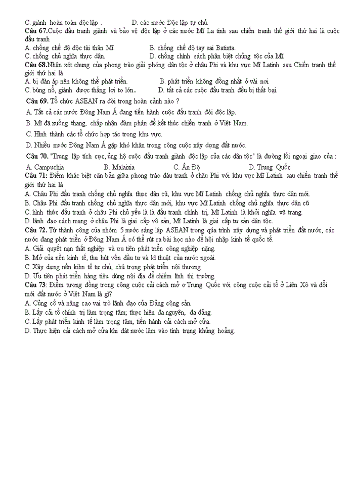 image for page Câu hỏi ôn tập Lịch Sử: các nước Á, Phi, Mĩ Latinh 1945 – 2000