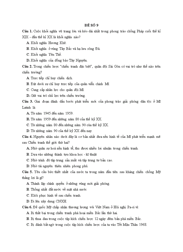 Đề thi thử thpt quốc gia năm 2020 môn lịch sử - đề số 9