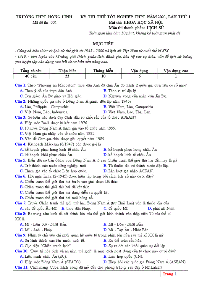 Đề thi thử thpt quốc gia môn lịch sử trường THPT Hồng Lĩnh năm 2021