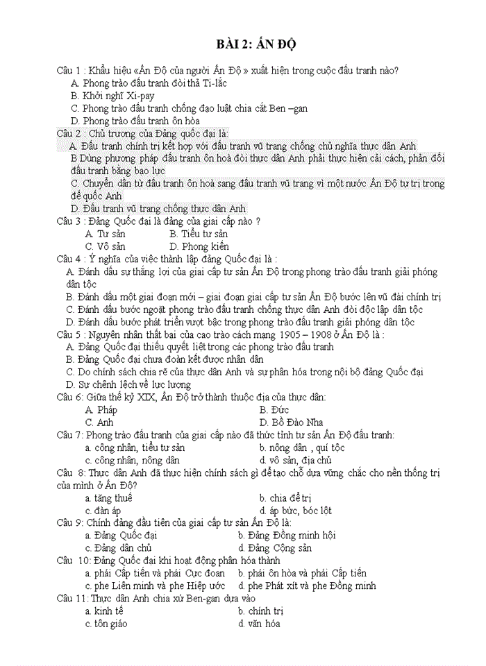 image for page Bộ câu hỏi trắc nghiệm môn lịch sử lớp 11