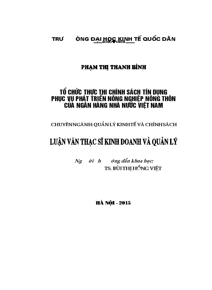 Tổ chức thực thi chính sách tín dụng phục vụ phát triển nông nghiệp, nông thôn của Ngân hàng Nhà nước Việt Nam