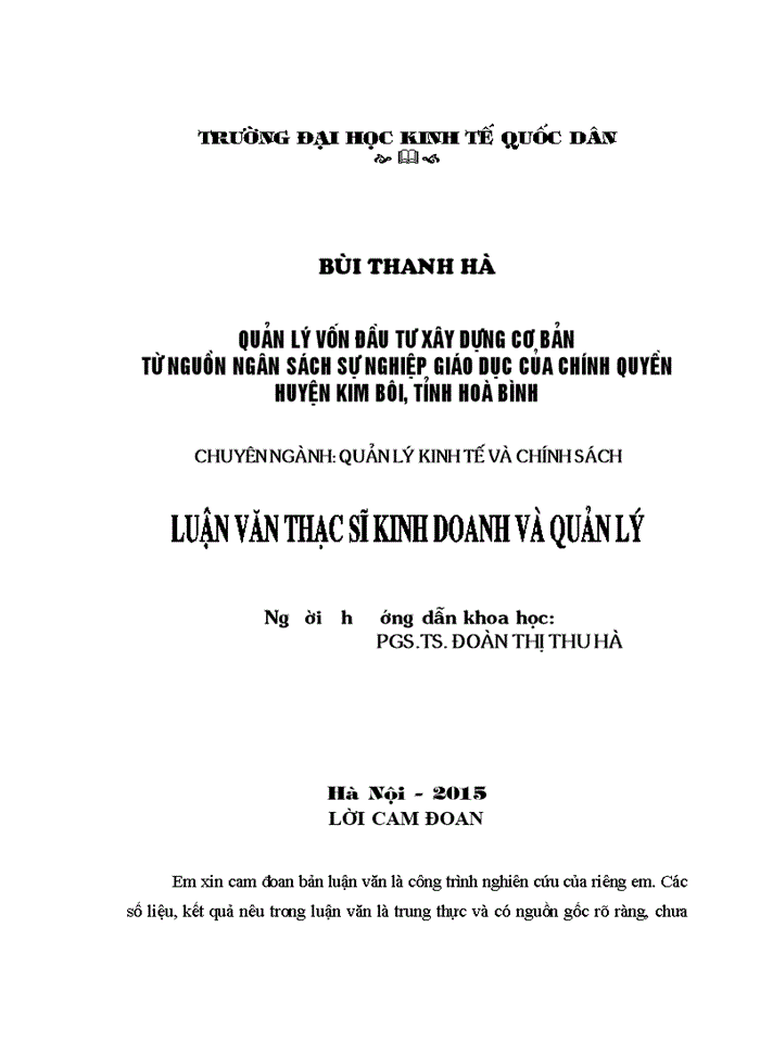 Quản lý vốn đầu tư xây dựng cơ bản từ nguồn ngân sách sự nghiệp giáo dục của chính quyền huyện KIM BÔI, tỉnh HOÀ BÌNH