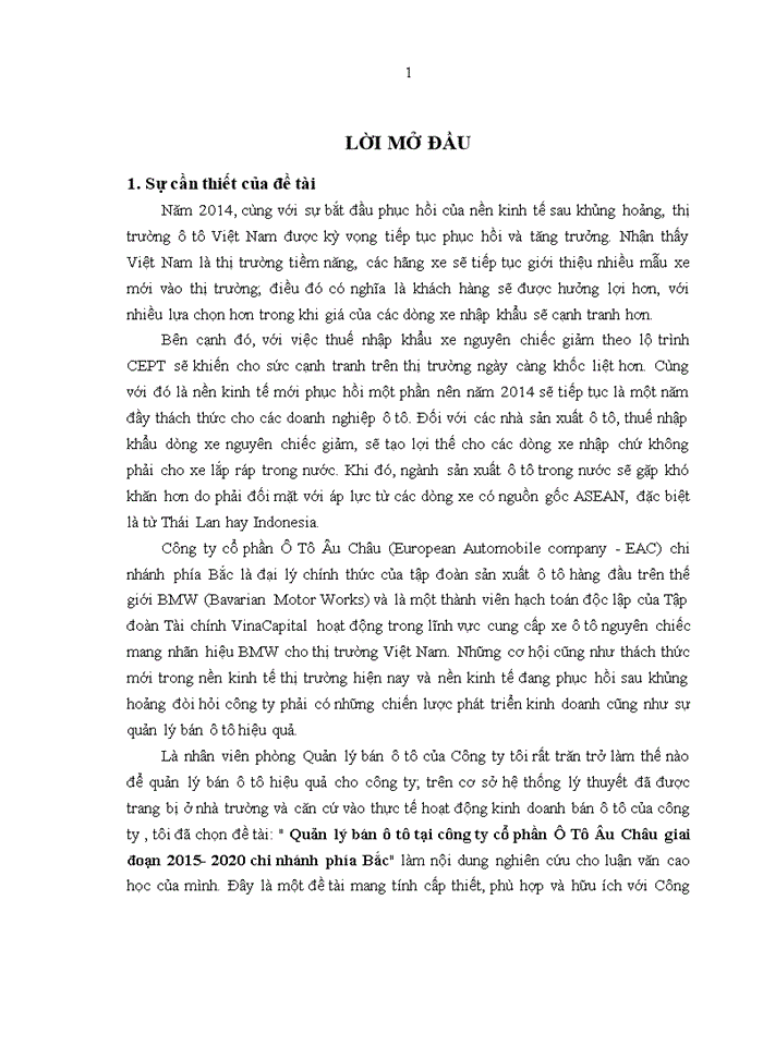 image for page Quản lý bán ô tô tại công ty cổ phần ô tô âu châu giai đoạn 2015 - 2020 chi nhánh phía BẮC