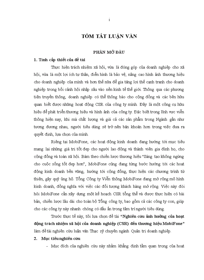 image for page Nghiên cứu ảnh hưởng của hoạt động trách nhiệm xã hội (CSR) đến thương hiệu MOBIFONE